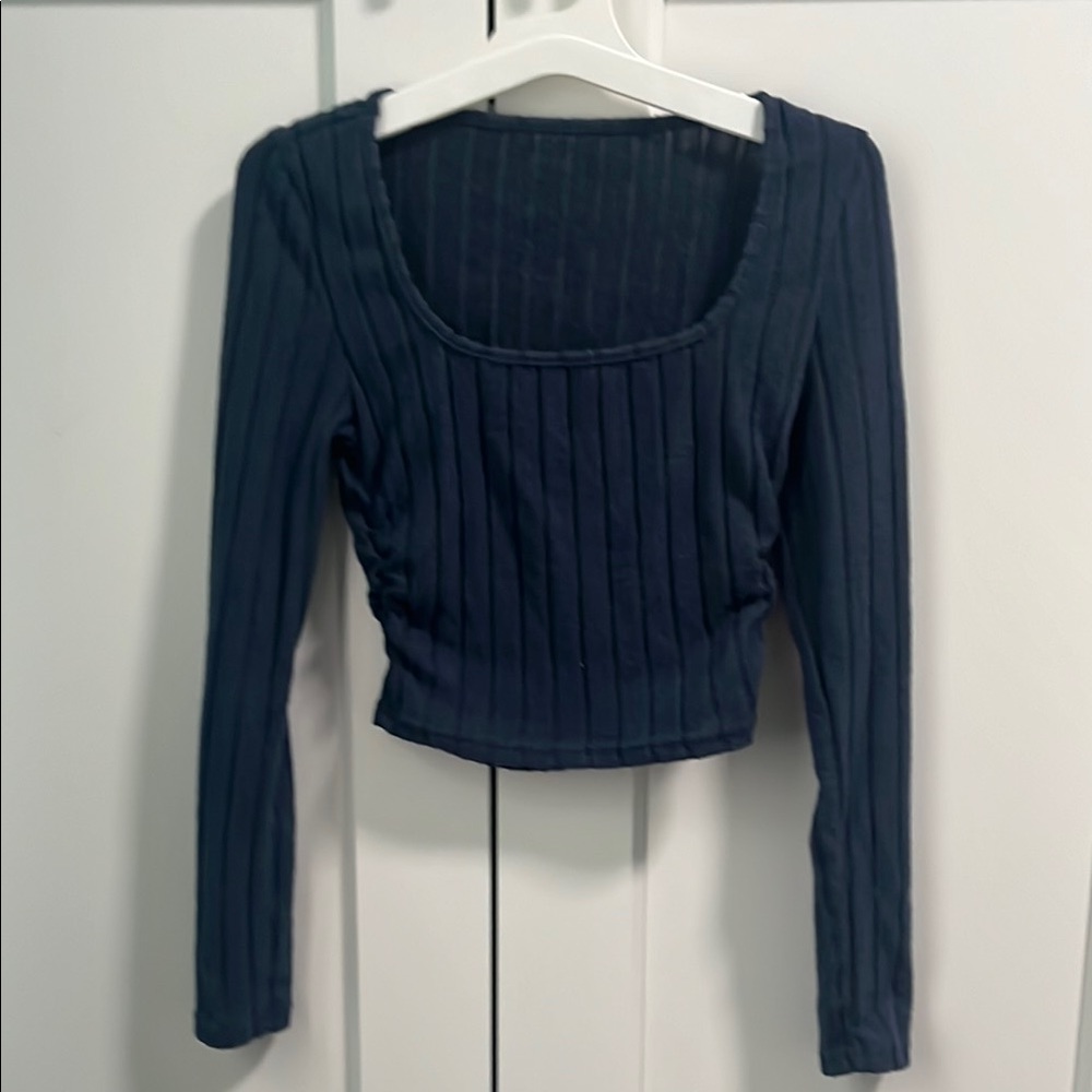 Blue Ribbed Square Neck Blouse
